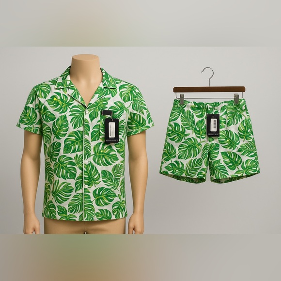 Green Palm Print Short Satin PJ Set - Picture 1 of 6